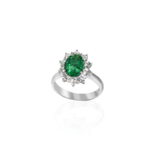 VISCONTI - ANELLO SMERALDO KT.1,47 E DIAMANTI NATURALI TAGLIO BRILLANTE KT 0,64