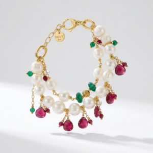 NIVY - BRACCIALE CON PERLE E PIETRE VERDI E FUCSIA